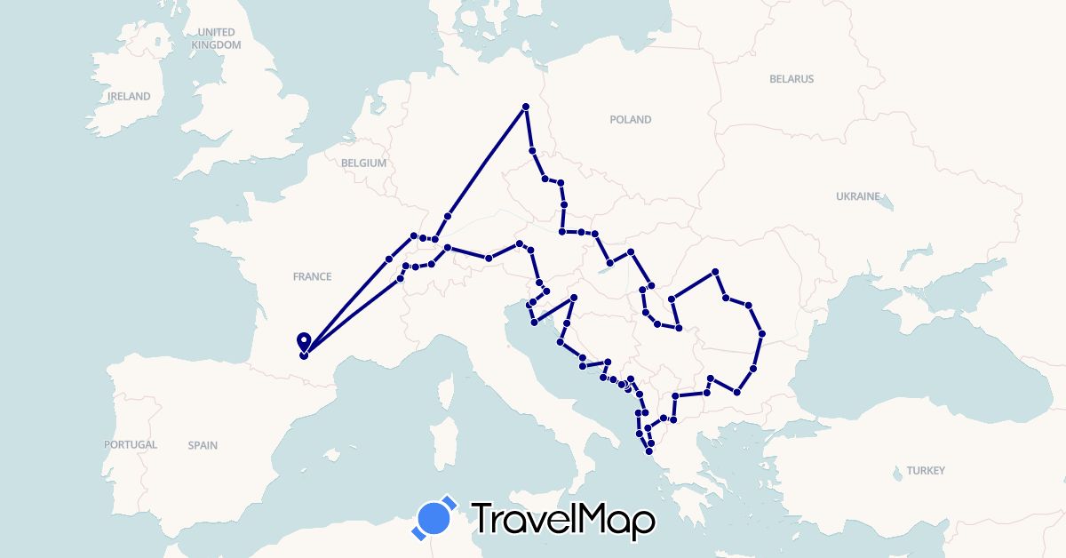 TravelMap itinerary: driving in Albania, Austria, Bosnia and Herzegovina, Bulgaria, Switzerland, Czech Republic, Germany, France, Croatia, Hungary, Italy, Montenegro, Macedonia, Romania, Serbia, Slovenia, Slovakia (Europe)